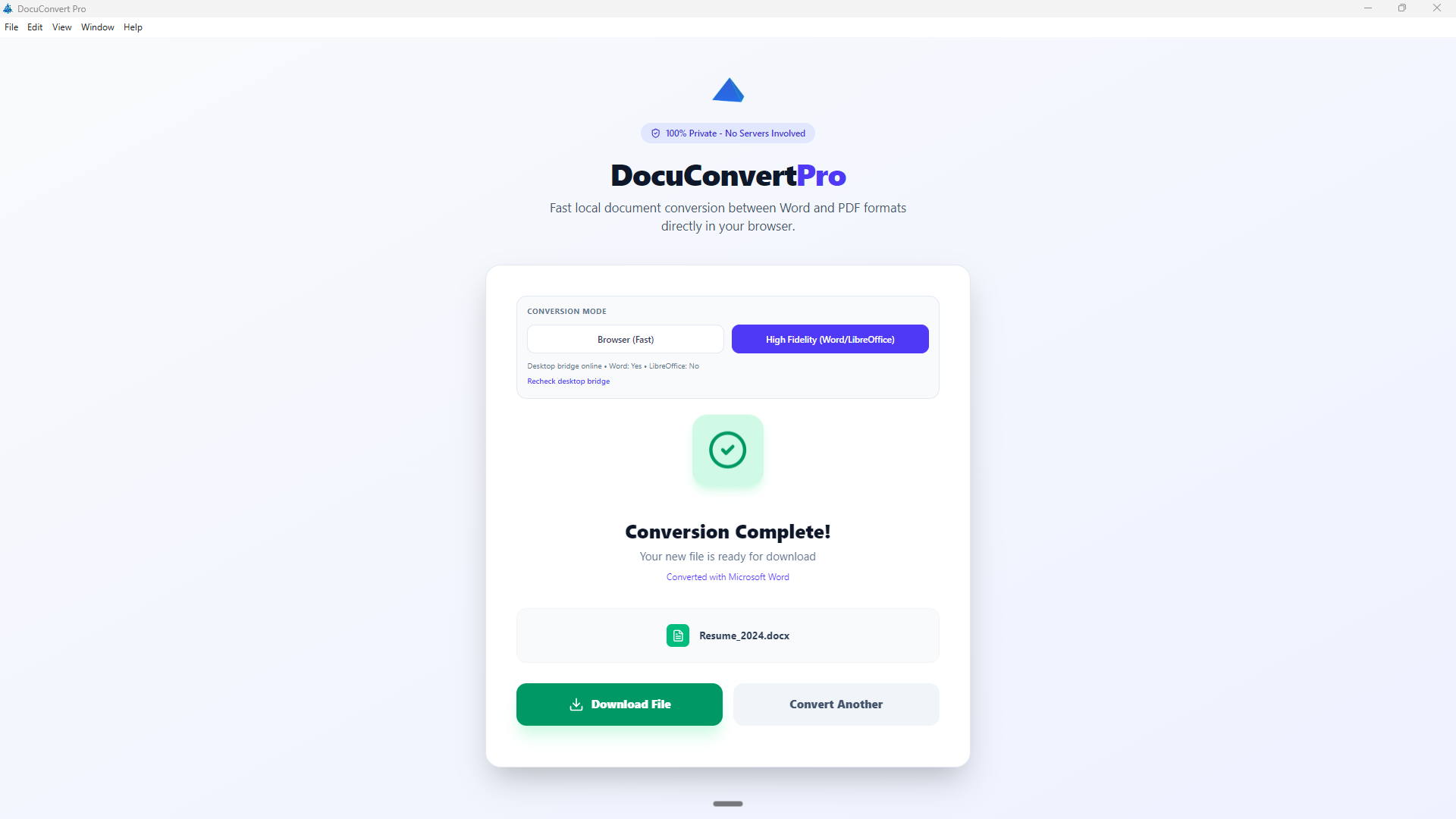 DocuConvert Pro — conversion complete with download